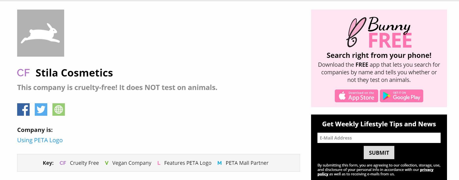 Stila según la web de PETA