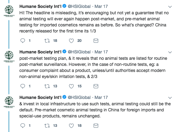 Humane Society en Twitter sobre las pruebas con animales en China
